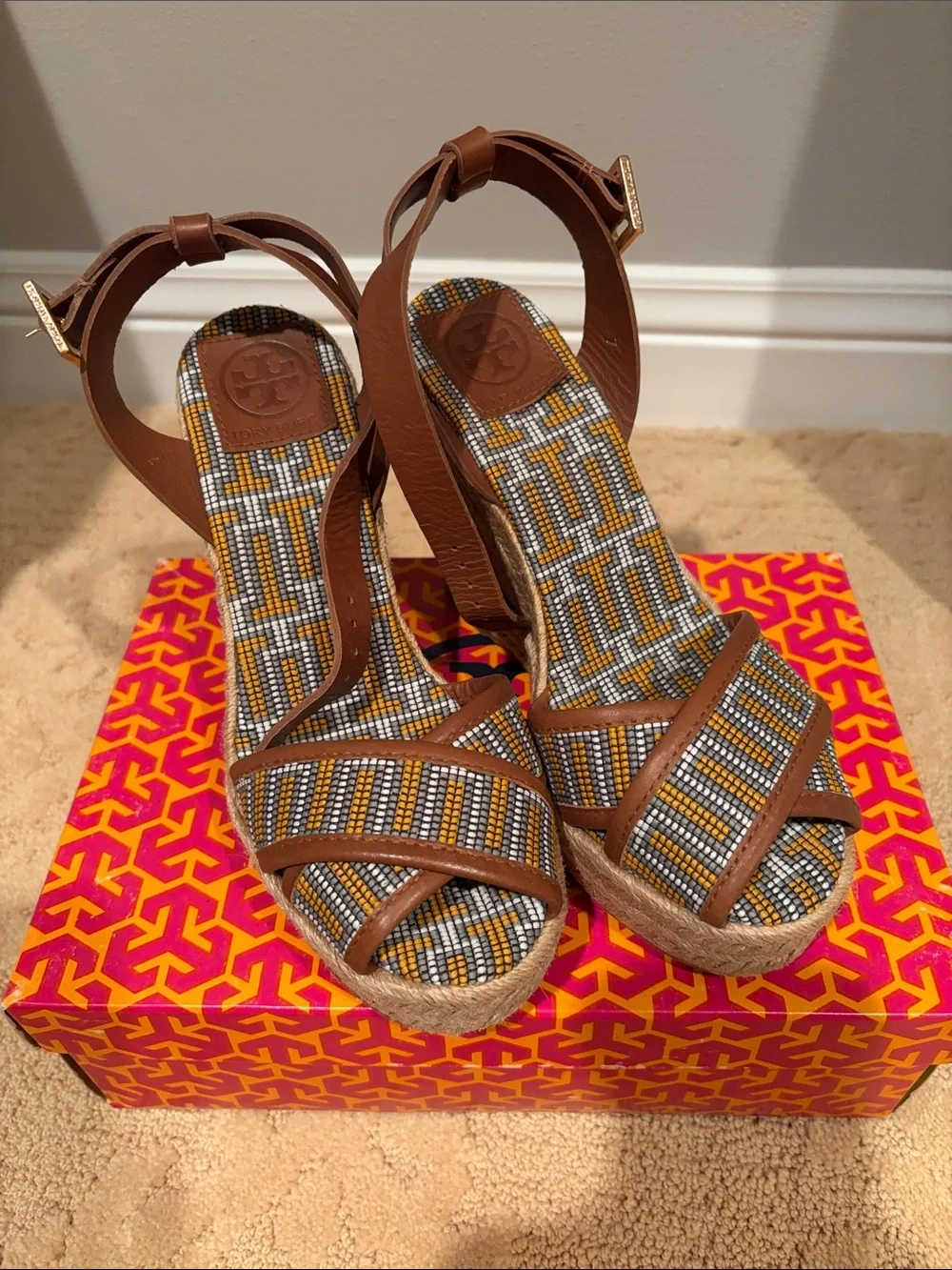 Tory Burch Brown Leather & Multicolor Espadrille Wedge Sandals